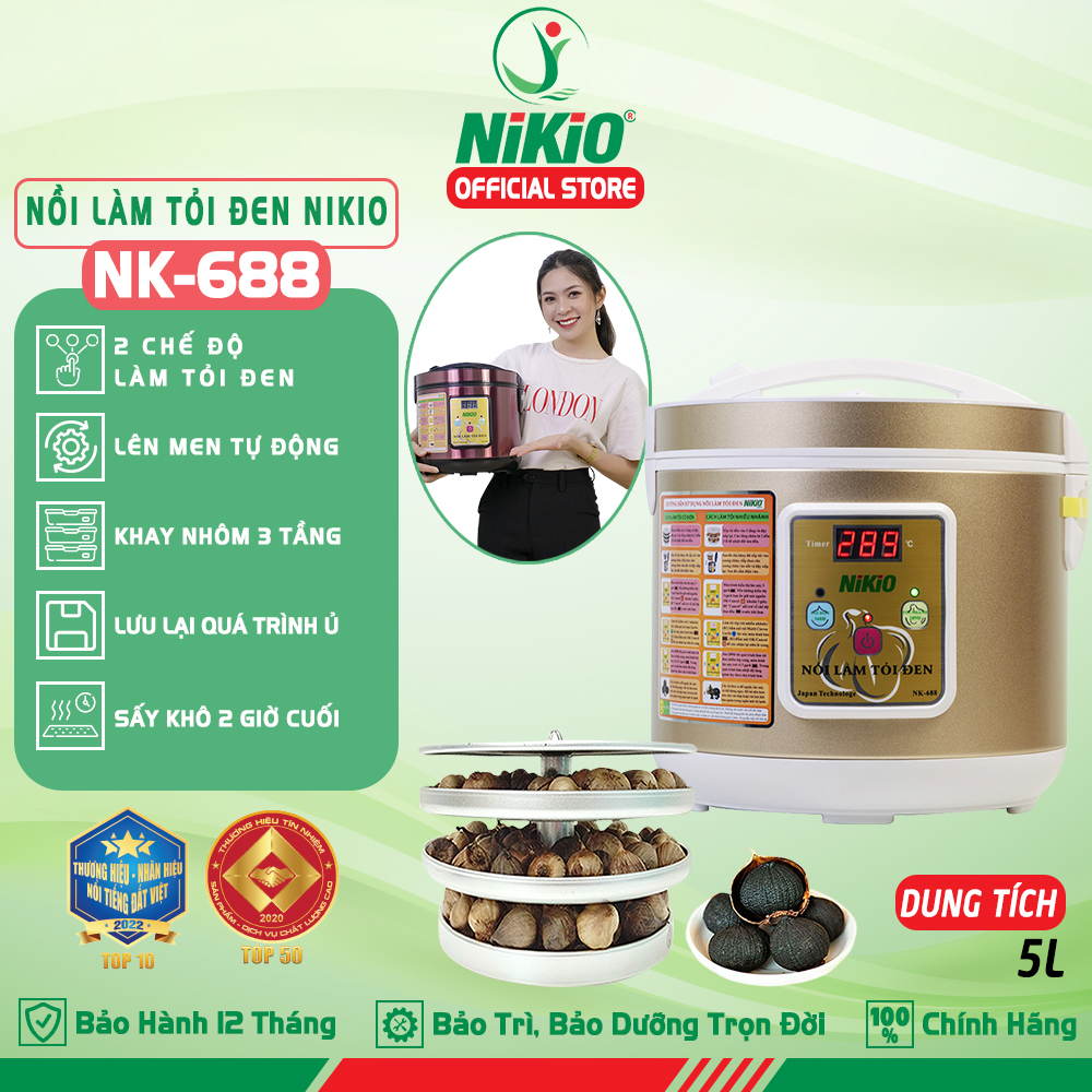 Máy Làm Tỏi Đen Nikio NK-688 - Nồi Ủ Tỏi Đen Cao Cấp, Công Nghệ Nhật Bản, Làm Tỏi Và Sấy Khô Tự Động, Tỉ Lệ Thành Công 99%, Tỏi Thơm Ngon Chuẩn Vị - Dung Tích 5 Lít, Làm Được 1.5 Kg Tỏi - Hàng Chính Hãng