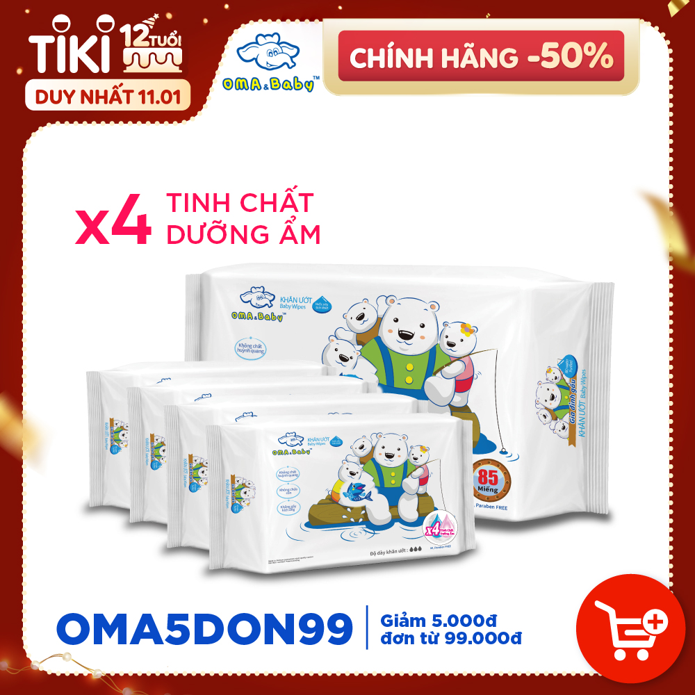 Combo ( 1+ 4) 1 gói 85 tờ + 4 gói 25 tờ Khăn ướt dành cho bé Oma&Baby với công thức Chlorhexidine Digluconate kháng khuẩn an toàn, dịu nhẹ trong khăn - Combo (1+4) Oma&Baby wet wipes ( 85pcs per bag*1 + 25pcs per bag*4)