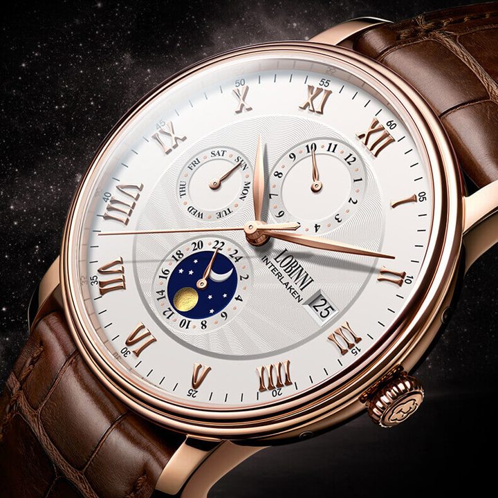 Đồng hồ nam chính hãng LOBINNI L1023-8 Fullbox, Kính sapphire ,chống xước,chống nước,vỏ vàng hồng,dây kim loại thép không gỉ 316L, máy cơ , Mới 100%,Bảo hành 24 tháng