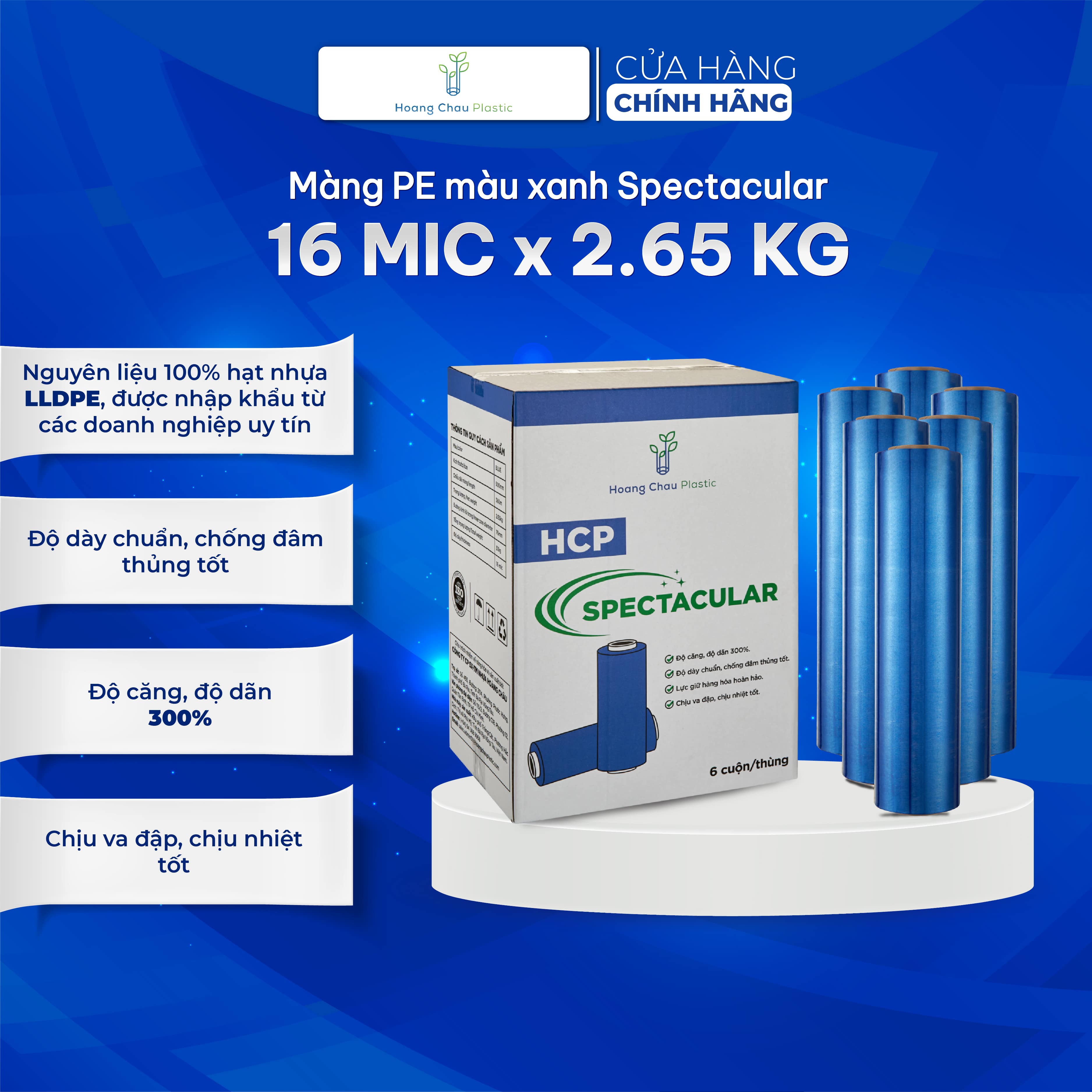 Màng Quấn Tay Xanh Dương HOÀNG CHÂU PLASTIC Khổ 16mic x 2.65kg Nhựa Nguyên Sinh Bảo Vệ Môi Trường