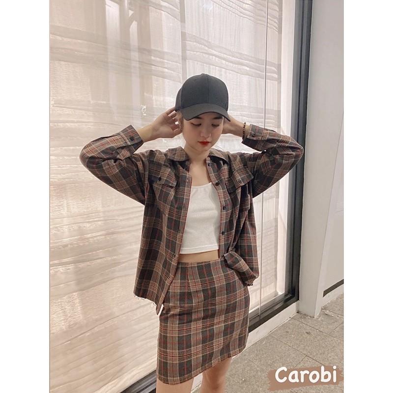 ́  + ́  + ̂ ́ : Set áo sơmi chân váy caro kèm áo thun gân 2 dây croptop