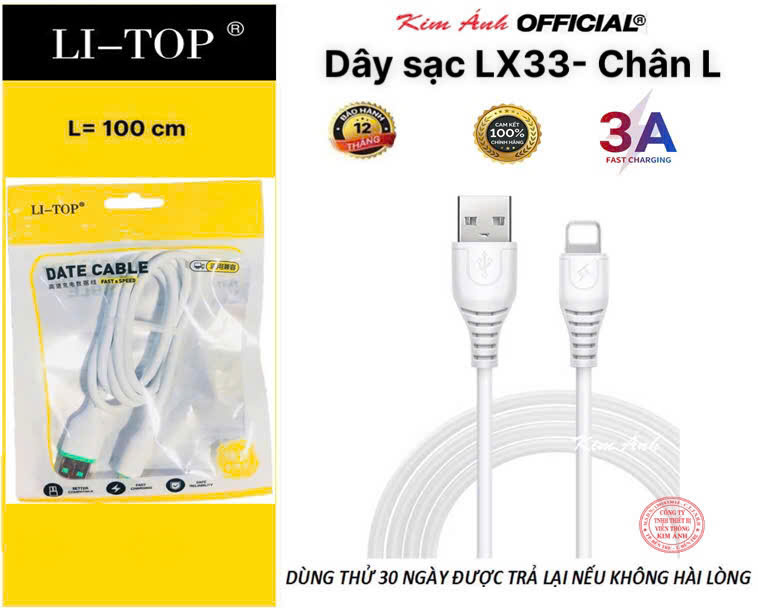 Dây sạc 3A LI-TOP LX33 chân L (Túi), dòng điện 5V- 3A, Kim Ánh cho dùng thử 30 ngày,  hàng chính hãng