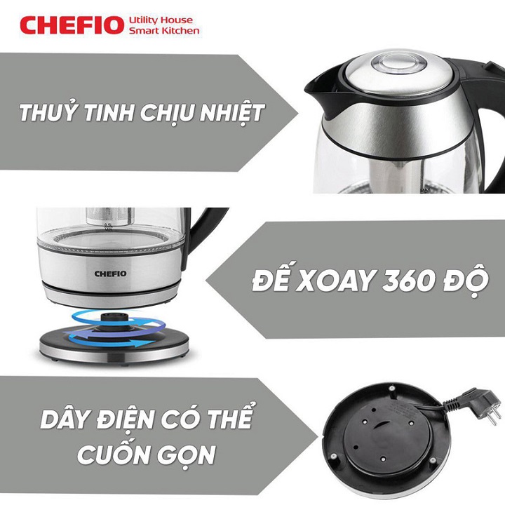 Bình siêu tốc Chefio  kèm lõi lọc trà inox 304 cao cấp bảo hành 12 tháng