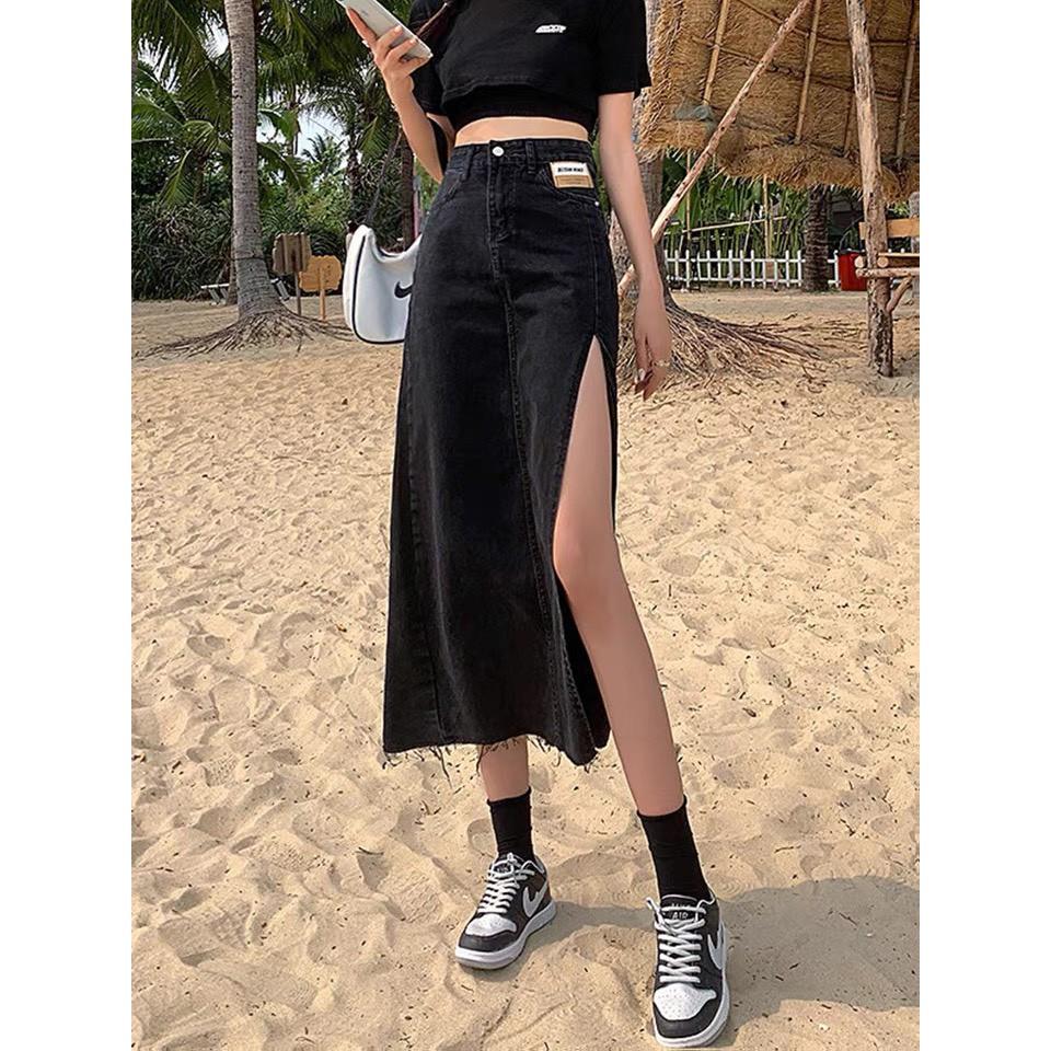 Chân Váy Denim Lưng Cao Xẻ Tà Quyến Rũ Cho Nữ, Chân váy jeans đính tag