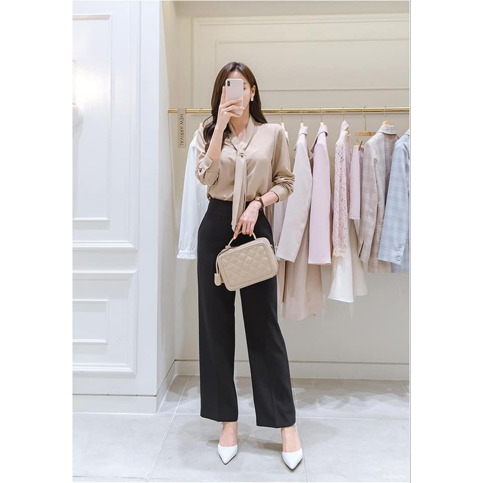 Quần Vải Ống Rộng, Khóa Sườn Cạp Cao, Chất Vải Tuyết Mưa Dày Dặn