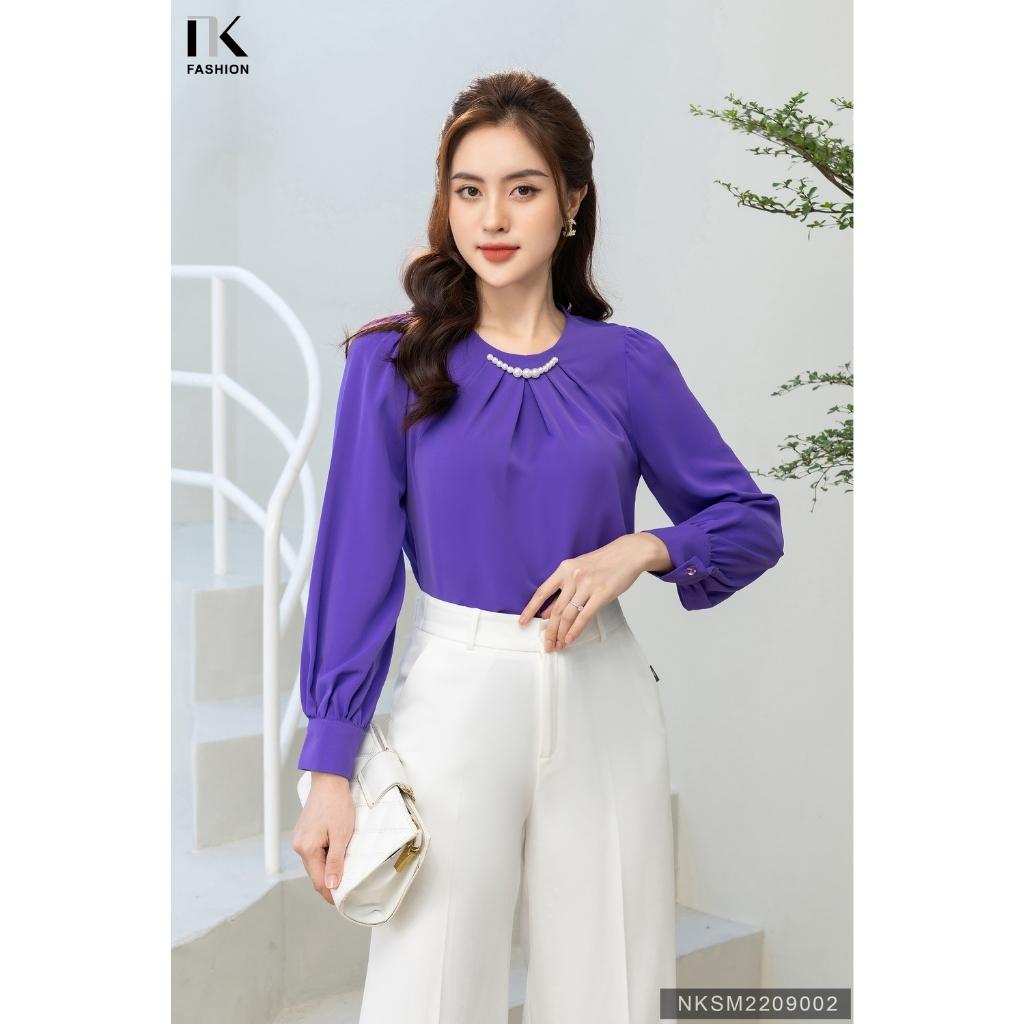 Áo Sơ Mi Công Sở Dài Tay Cổ Đính Dây Ngọc NK FASHION Chất Vải Lụa Hàn Cao Cấp, Mềm Mại NKSM2209002