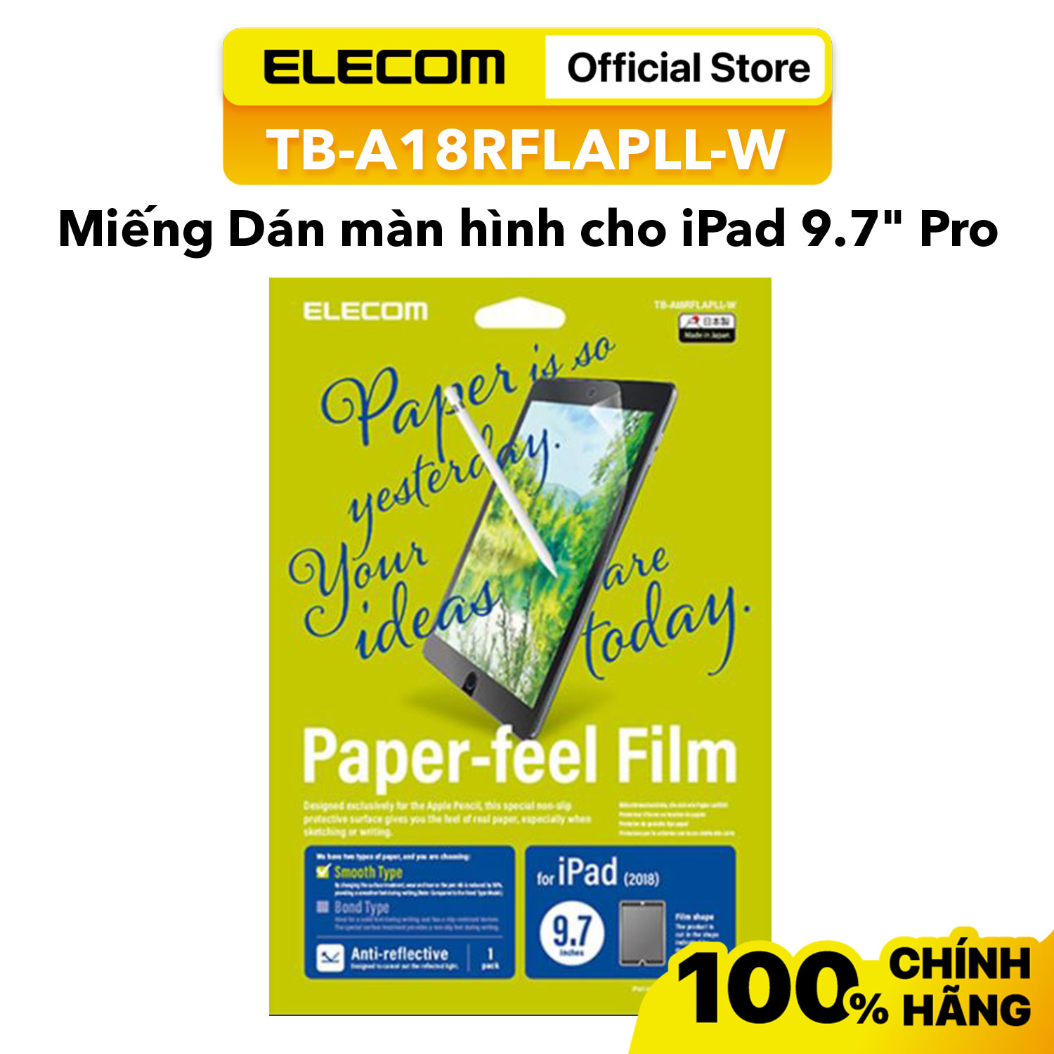 Miếng Dán màn hình dành cho iPad 9.7" Pro 2018 ELECOM TB-A18RFLAPLL-W Loại trơn - Hàng chính hãng