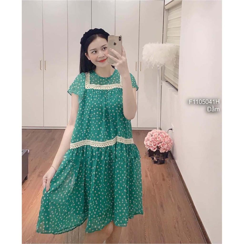 Đầm hoa nhí xanh dáng suông phối viền ren cổ tròn tay con!