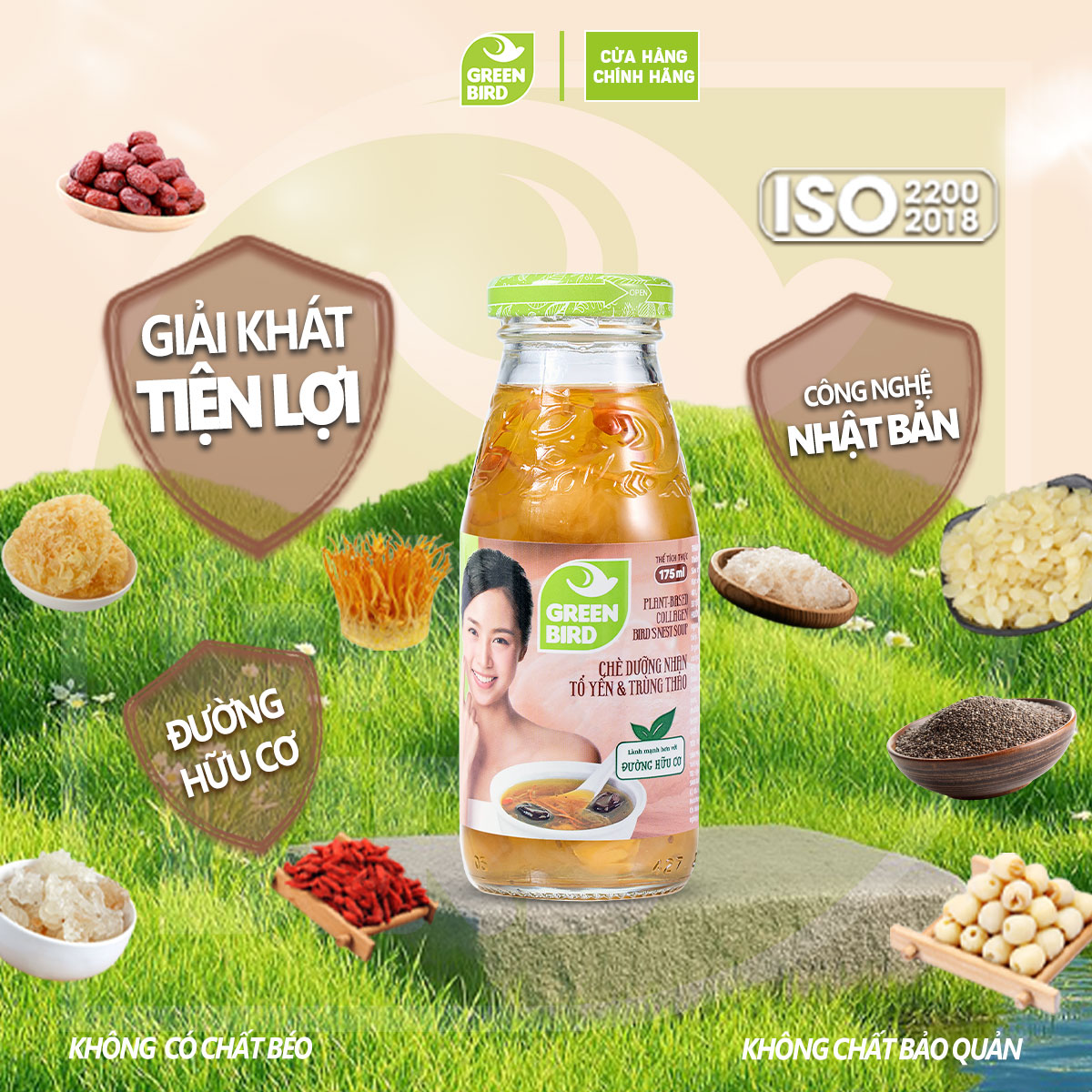 Nước Yến Dưỡng Nhan Tổ Yến Và Trùng Thảo Green Bird Giải Khát Thanh Nhẹ Chai 185ml