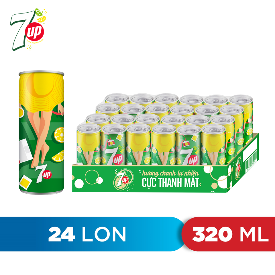 Thùng 24 Lon Nước Ngọt Có Gaz 7Up lon xanh (320ml/lon)