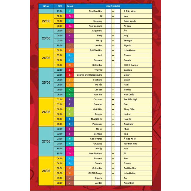 Lịch Thi Đấu Bóng Đá World Cup 2026 (gấp) In Màu 68x24 cm - ndbooks