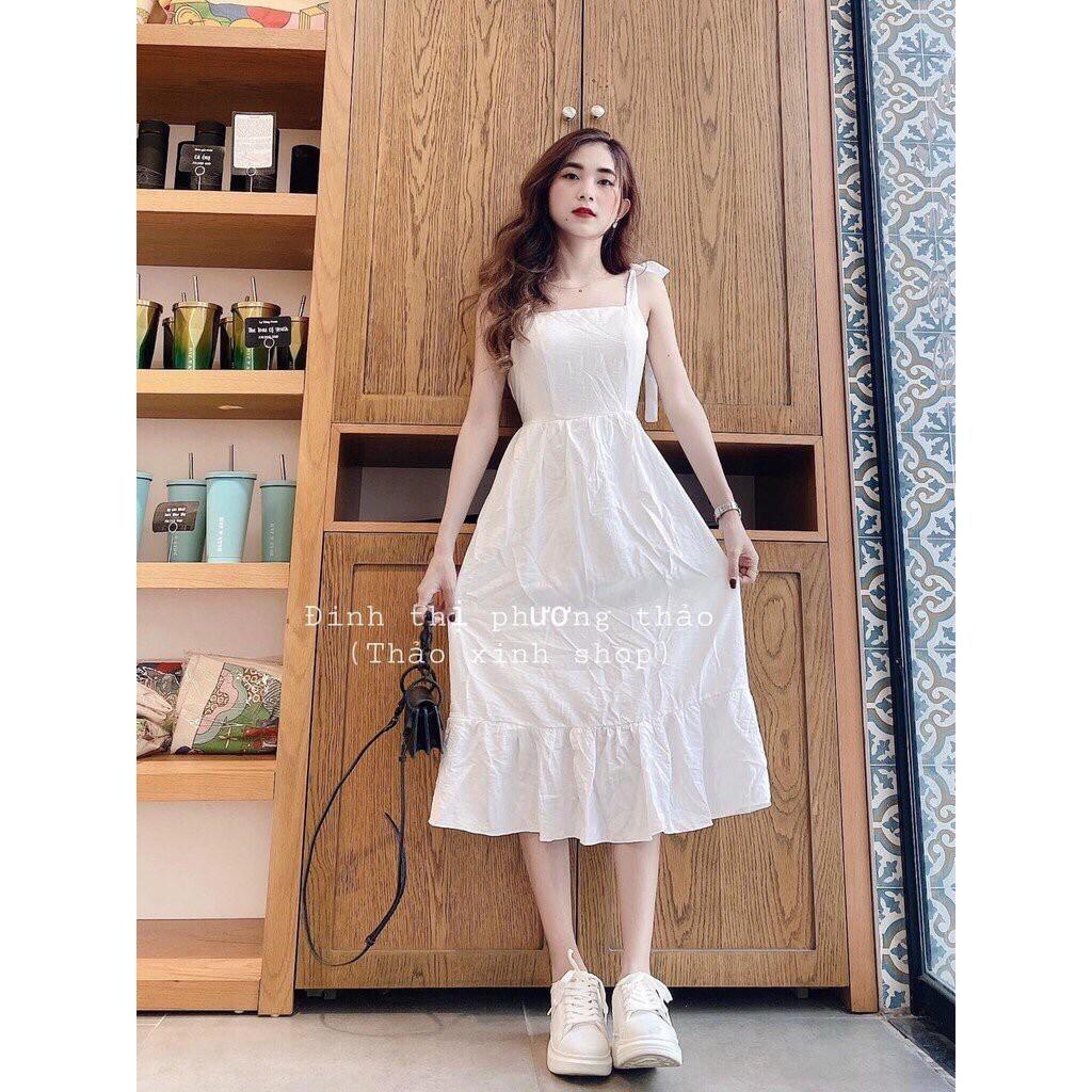 Váy đầm nữ trắng dễ thương 2 dây xòe xếp li, dự tiệc cưới, dạo phố cực chất