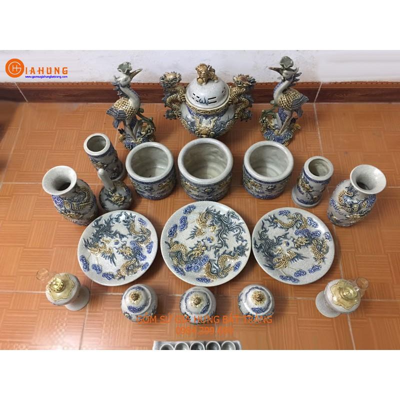 Bộ bát hương men rạn đắp nổi gốm sứ Bát Tràng