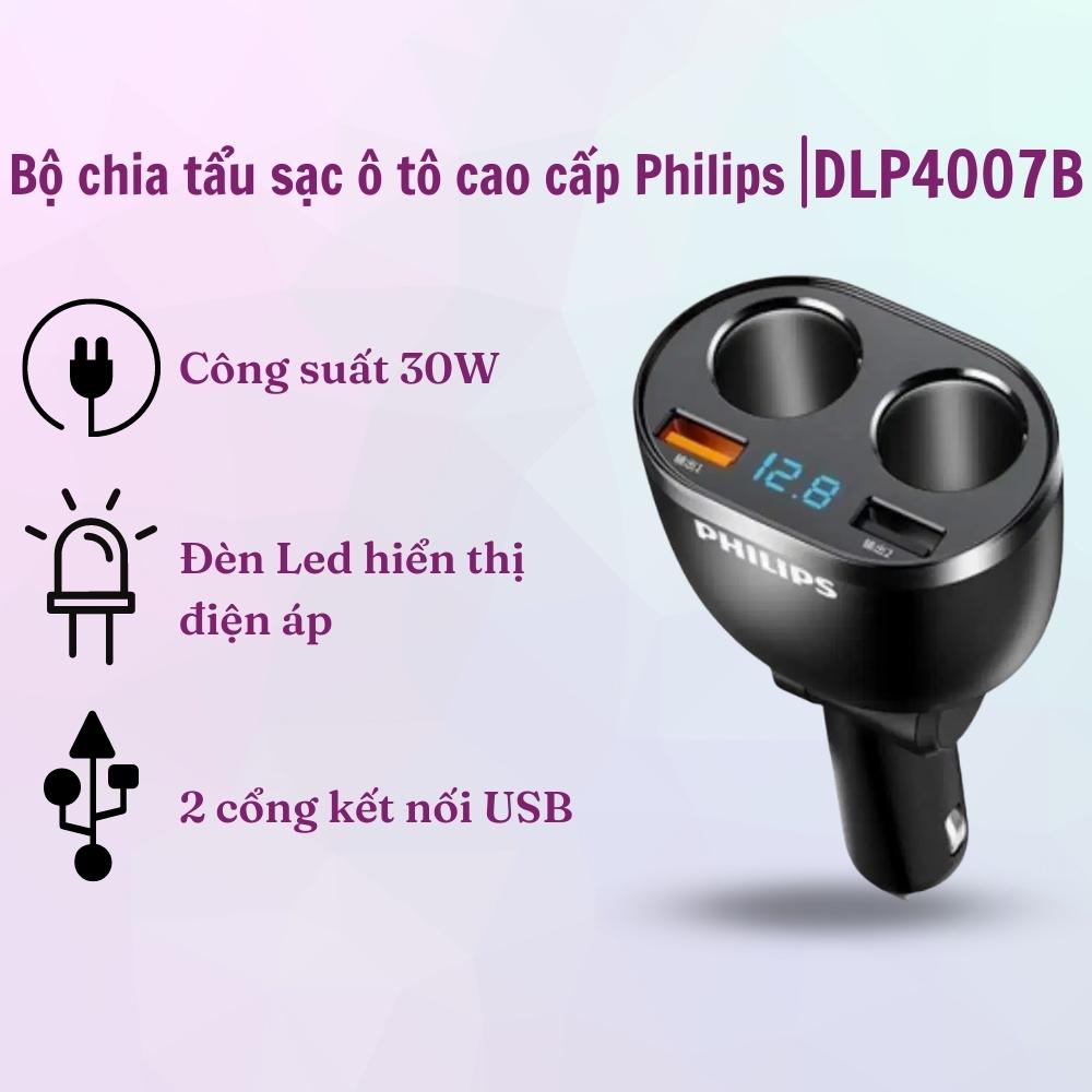 Bộ chia tẩu sạc Philips DLP4007 (Màu đen) có sạc nhanh QC 3.0, 2 cổng tẩu, 2 đầu usb - Hàng nhập khẩu