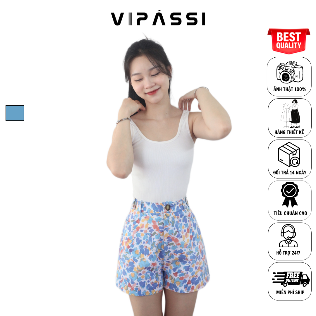 VIPÁSSI Quần Sort Nữ Kaki Hoa Quai Dê Đính Nút Xẻ Túi