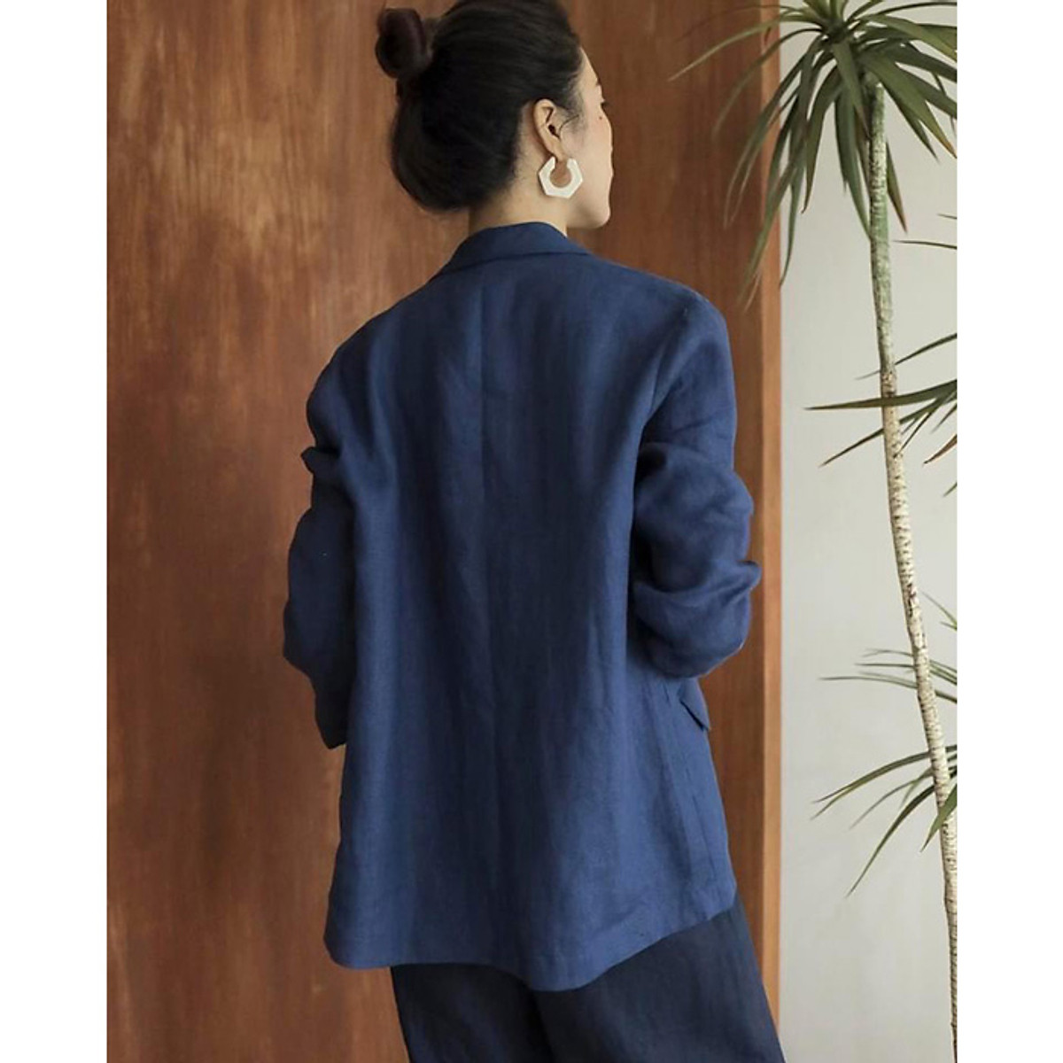 Set bộ Linen Vest ve vuông và quần dài ống rộng kèm áo 2 dây trẻ trung- Xanh than