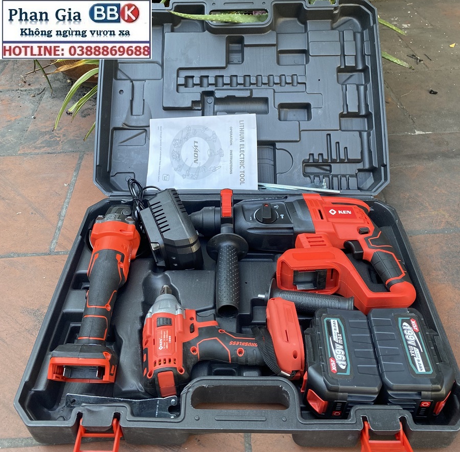 Bộ Combo 3 Trong 1 Gồm Máy Siết Bulong, Máy Mài Cầm Tay Và Máy Khoan Đục Bê Tông Dùng Pin 199V, 2 Pin 15 Cell