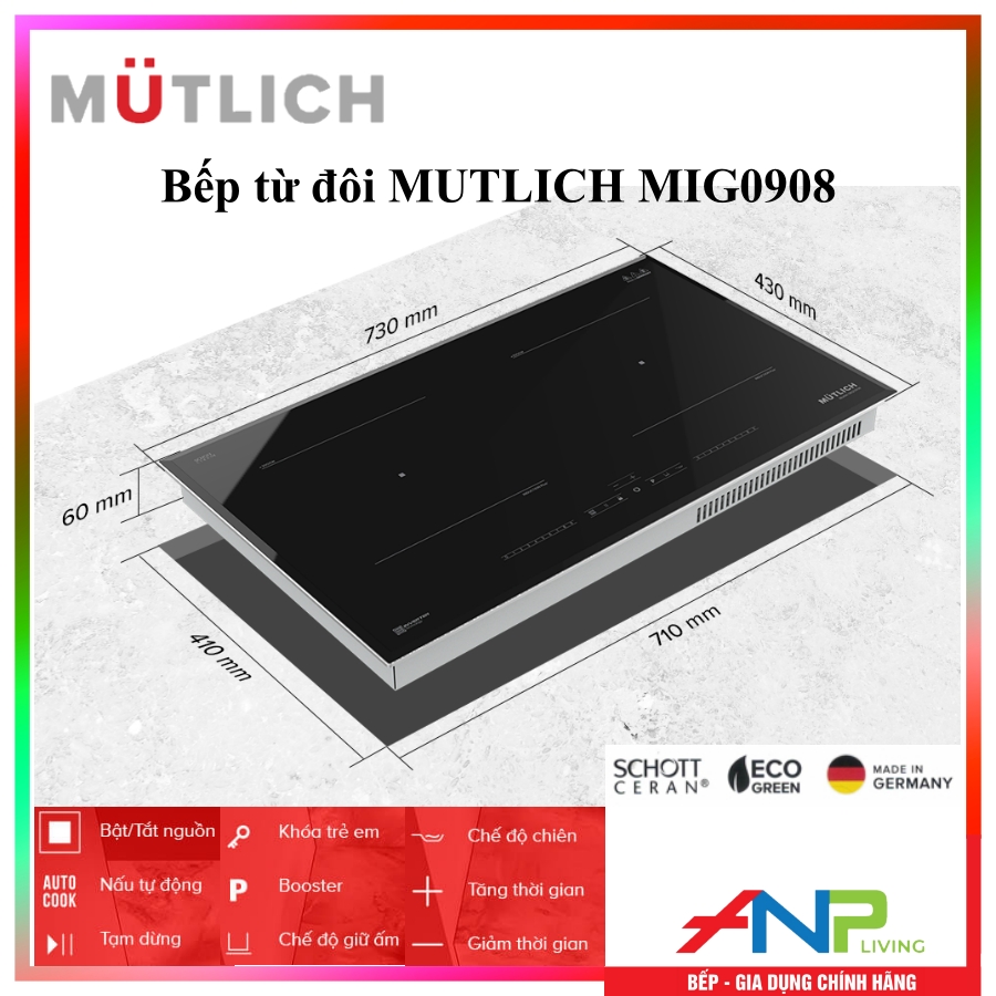 Bếp Từ Đôi MUTLICH MIG0908 (2 Vùng Nấu - Điều Khiển Cảm Ứng Trượt SLIDER CONTROL - Công Nghệ ECO-GREEN Tiết Kiệm Điện) - Hàng Nhập Khẩu Đức