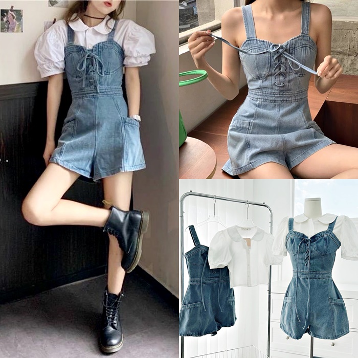 ĐẦM JUMPSUIT GIẢ VÁY NGẮN SET QUẦN YẾM 2 DÂY CỔ U ỐNG RỘNG JEANS DÂY ĐAN NGỰC + ÁO SƠ MI TRẮNG TAY NGẮN ĐI TIỆC DẠO PHỐ ĐI CHƠI