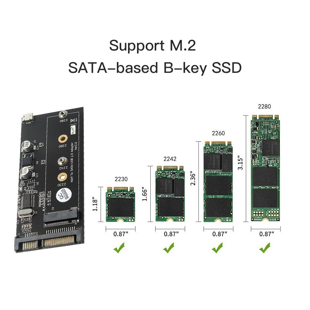 Thẻ chuyển đổi NGFF sang SATA / USB2.0 Phù hợp với 2230 2242 2260 2280 SSD với B-key / B + M-key cho SSD với cáp USB