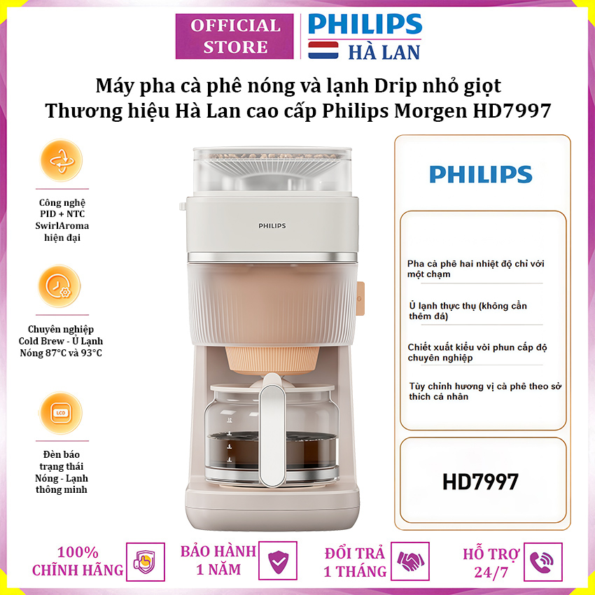 Máy pha cà phê nóng và lạnh Drip nhỏ giọt thương hiệu Hà Lan cao cấp Philips Morgen HD7997 - Hàng nhập khẩu