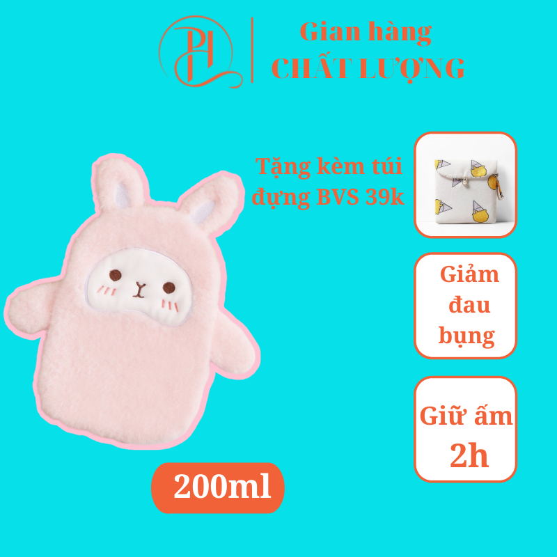 Túi chườm bụng kinh 200ml, túi chườm nóng hoạt hình cute giảm đau hiệu quả, thời gian giữ nhiệt lên đến 2h- Tặng kèm túi vải đựng băng vệ sinh dễ thương ( mẫu ngẫu nhiên