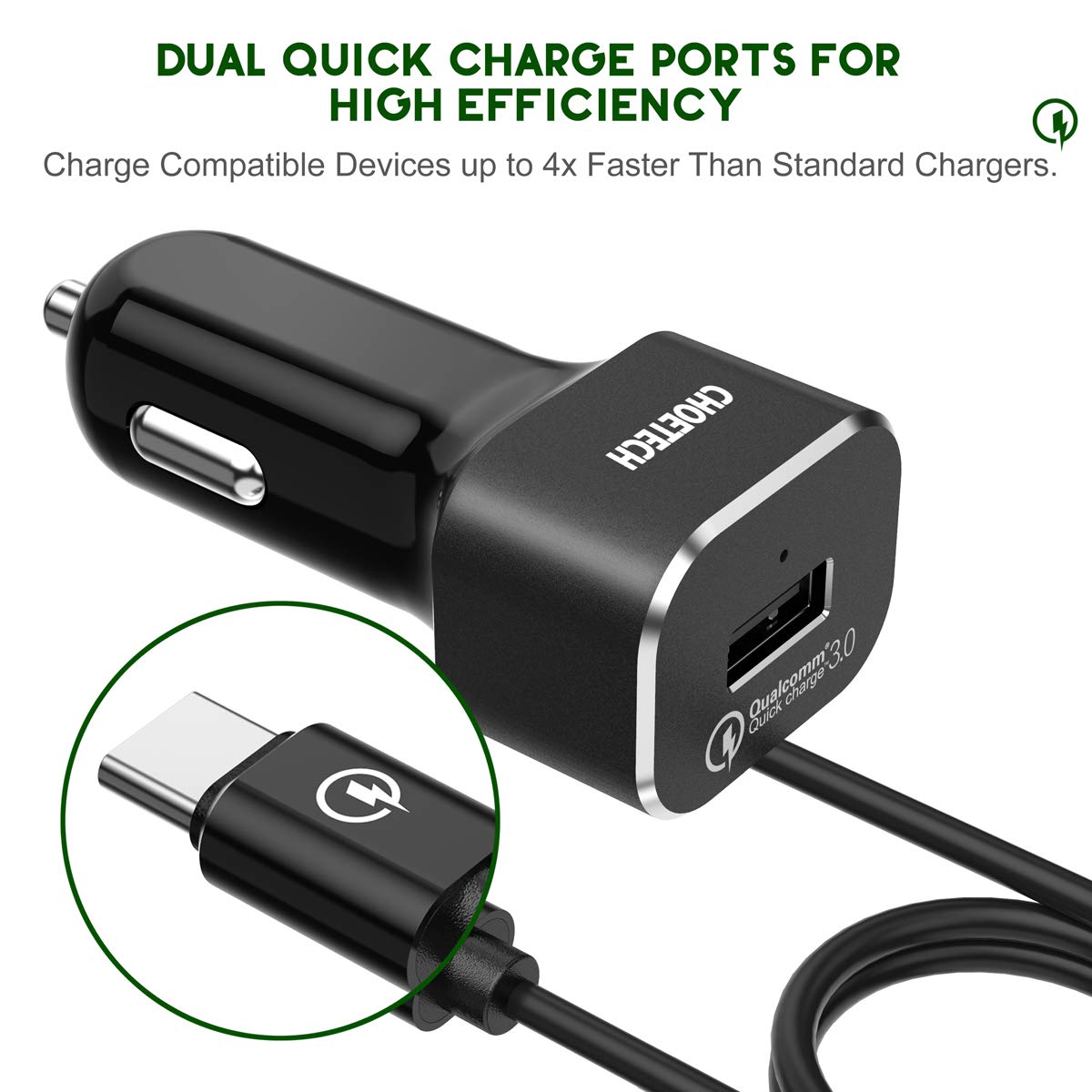 Tẩu củ sạc nhanh kiêm dây sạc Type-c hiệu CHOETECH cho xe hơi ô tô trang bị công suất 30W, Quick Charge 3.0 / PD, Cổng USB & dây sạc Type-C - hàng chính hãng