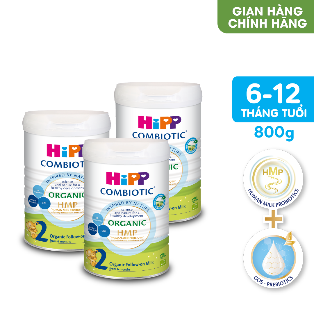 Combo 3 lon sữa bột dinh dưỡng công thức HiPP 2 Organic Combiotic chất lượng hữu cơ tự nhiên an toàn, bổ sung Omega 3 (DHA & ALA) dành cho trẻ từ 6 đến 12 tháng tuổi (3 lon x 800g)