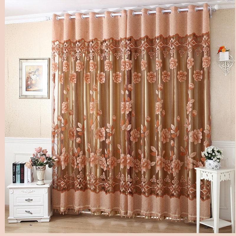 2 tấm Rèm cửa sổ vải voan đính hoa văn bảng to kèm tua rua phía thân dưới kích thước 100 * 250 cm-Màu Cà phê