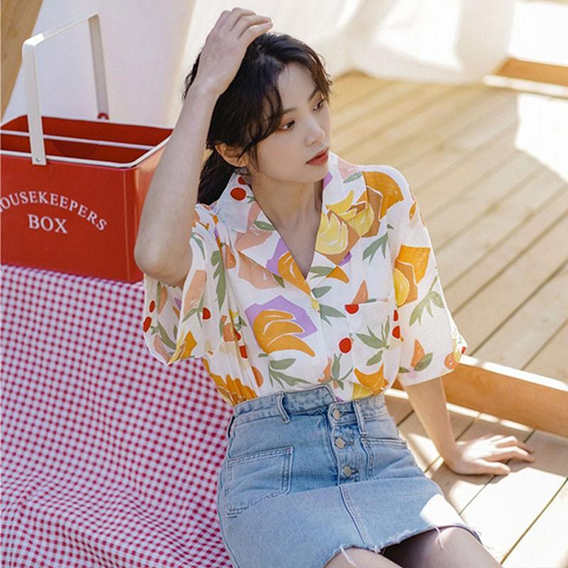 Áo Sơ Mi Chiffon Tay Ngắn In Họa Tiết Kiểu Hàn Quốc Thời Trang Mùa Hè Cho Nữ