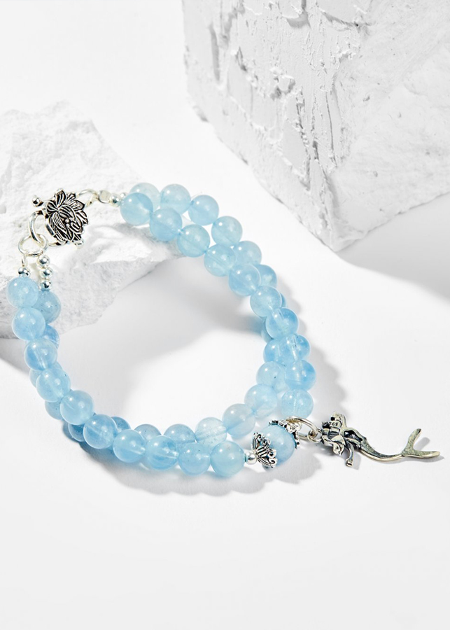 Vòng Chuỗi Hạt Đeo Tay 2 Lines Đá Hải Lam Ngọc Phối Charm Tiên Cá Bạc (6mm) mệnh Thủy, Mộc Ngọc Quý Gemstones