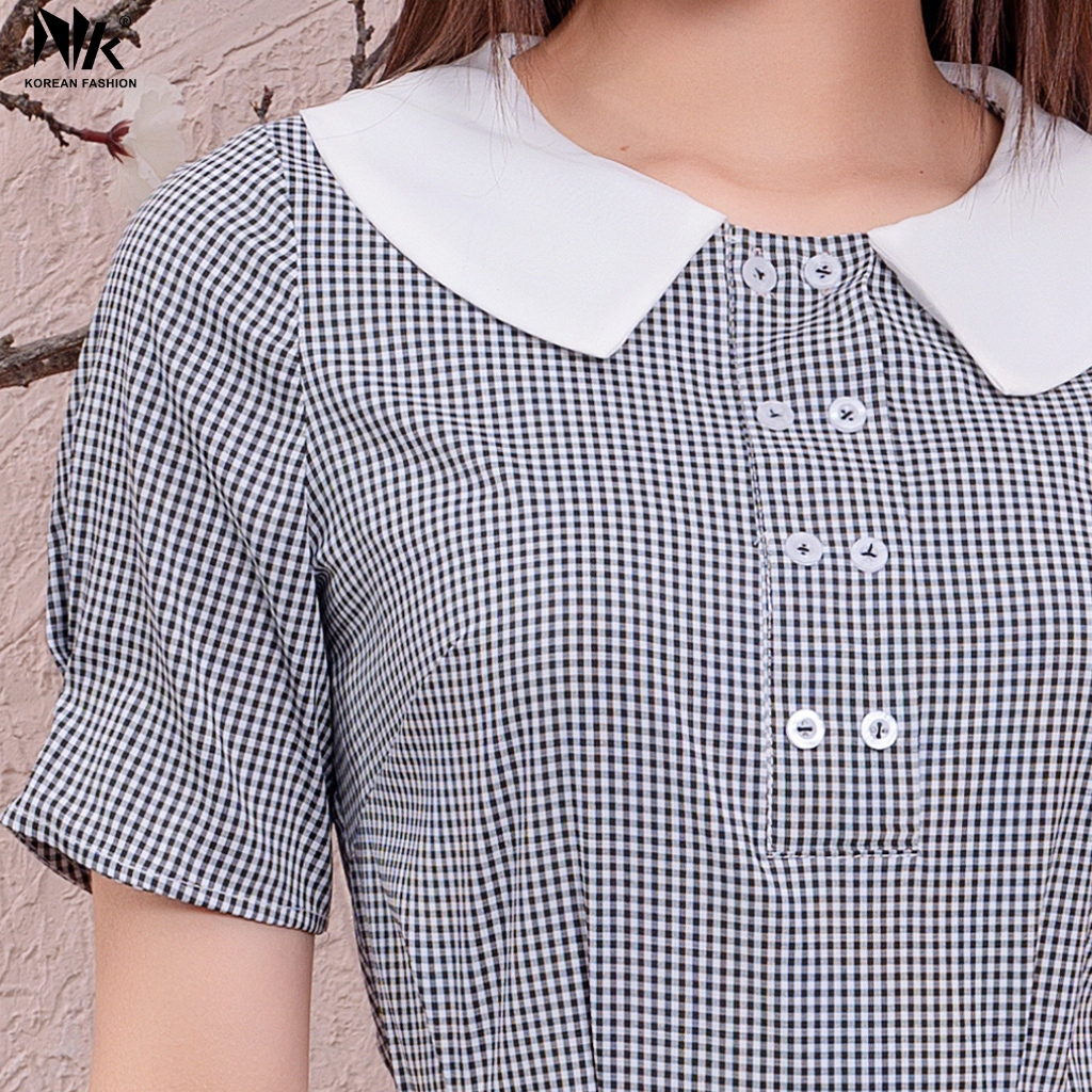 Áo Sơ Mi Nữ Cổ Sen Tay Ngắn NK FASHION Hoạ Tiết Kẻ Caro, Phong Cách Công Sở Mã NKSM2112024