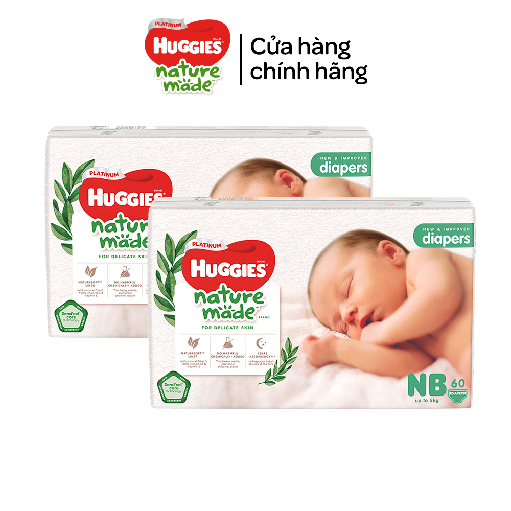 Combo 2 Tã/Bỉm dán sơ sinh Huggies Platinum NatureMade S82/NB60