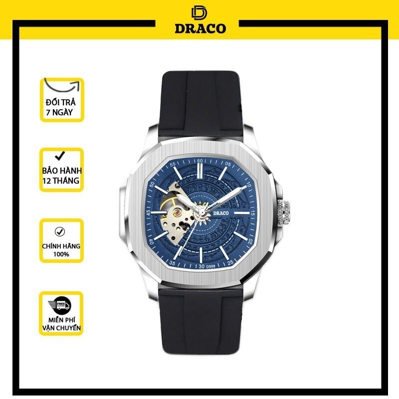 Đồng hồ nam Draco D23-DS68 “DongSon” Automatic trắng xanh kết hợp chất liệu dây cao su non cao cấp màu đen-thời trang nam thể thao