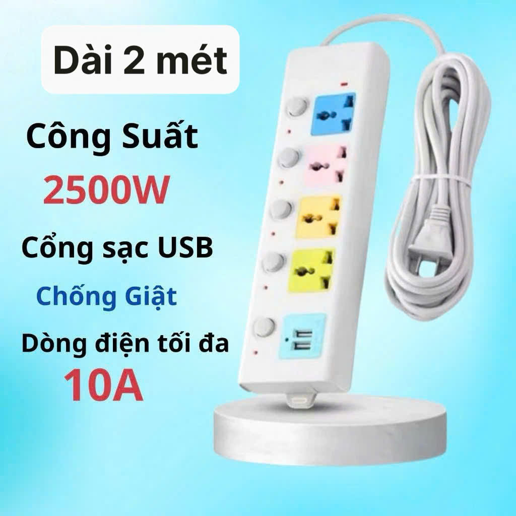 Ổ Cắm Điện Đa Năng Kết Hợp Ổ Cắm USB Chất Lượng Cao 4 Lỗ 3 Chấu Kéo Dài 1.8m Có Công Tắc Tải 2500W Nắp Chống Giật Chống Cháy Tiện Dụng An Toàn Chống Cháy Nổ