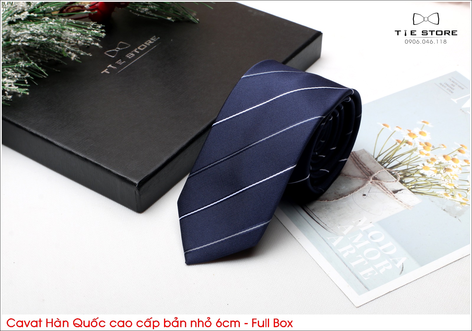 Cà Vạt Nam Bản nhỏ 6cm xanh đen kẻ chéo - Cavat Hàn Quốc Cao Cấp Full box
