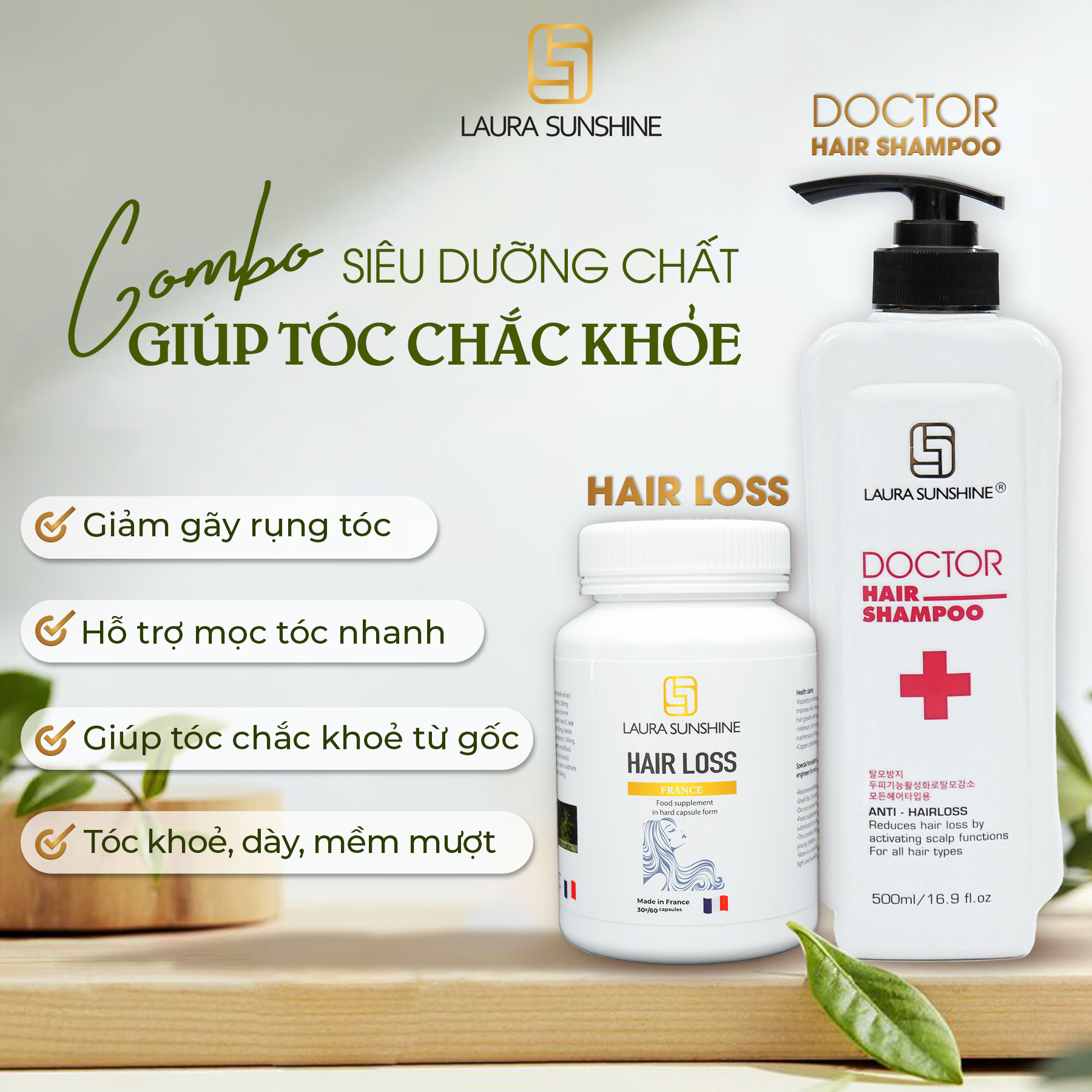 Bộ Đôi Dầu Gội Giảm tóc rụng korea + Viên Uống Mọc Tóc sinh sản Tại Pháp, Laura Sunshine Nhật Kim Anh