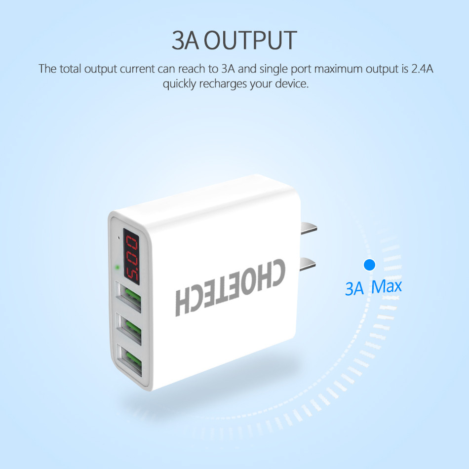 Đen - Cóc củ sạc nhanh 15W 3 cổng USB hiệu CHOETECH C0026 cho điện thoại / máy tính bảng Samsung iPhone Huawei Oppo Xiaomi (sạc nhanh 2.4A / Port, 3 Port USB, Max 3A, trang bị LED hiển thị) - Hàng chính hãng