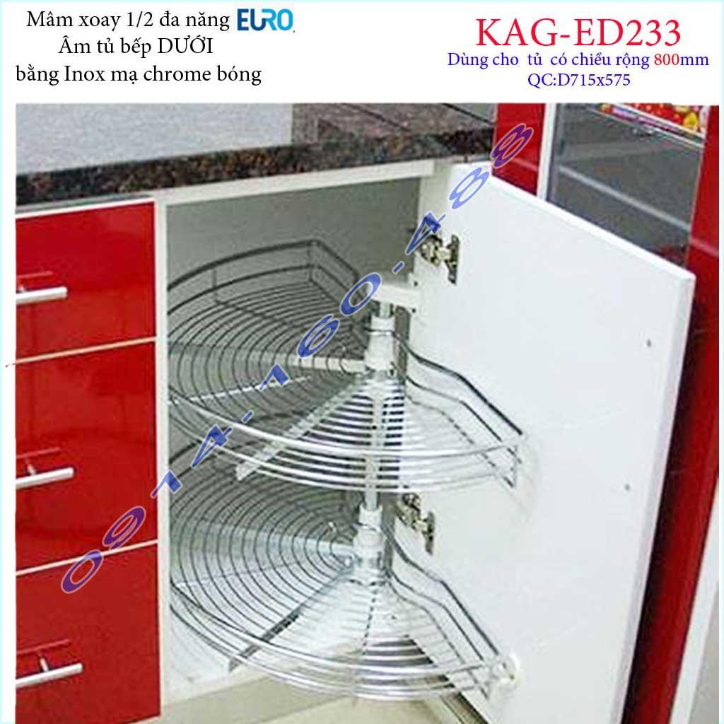 Kệ xoay bán nguyệt Euro KAG-ED233, mâm xoay inox 1.2, kệ góc xoay inox tủ bếp dưới