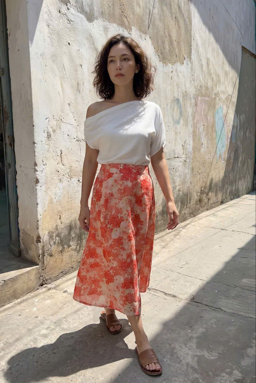 Váy Midi Ramie In Hoa Thanh Minh Ski055 Thời trang Hity