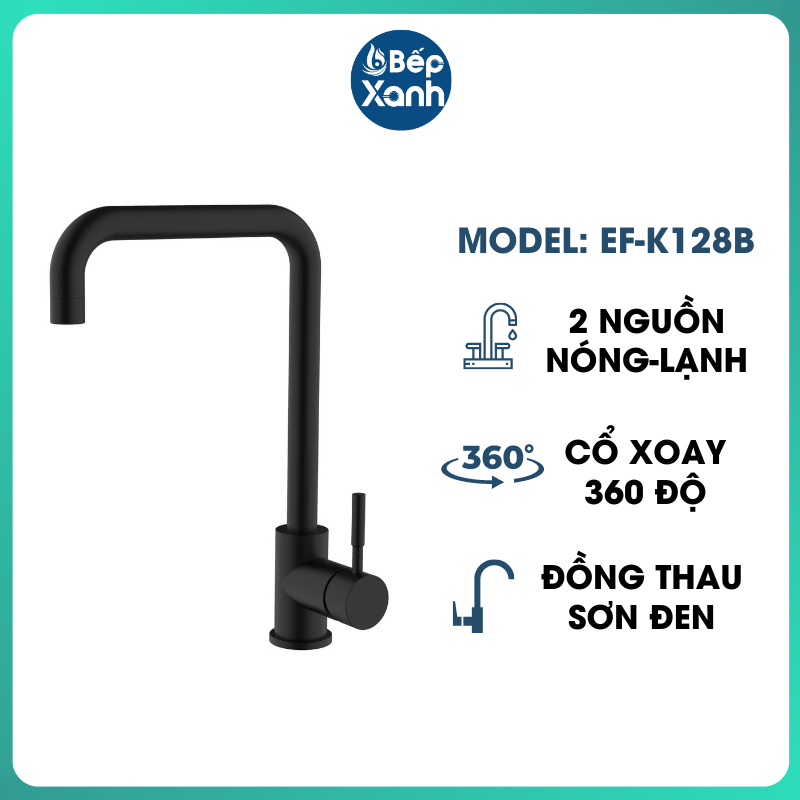 Vòi Rửa Chén Nóng Lạnh Ecalite EF-K128B - Đồng Thau Sơn Đen - Cổ Xoay 360 Độ - Hàng Chính Hãng