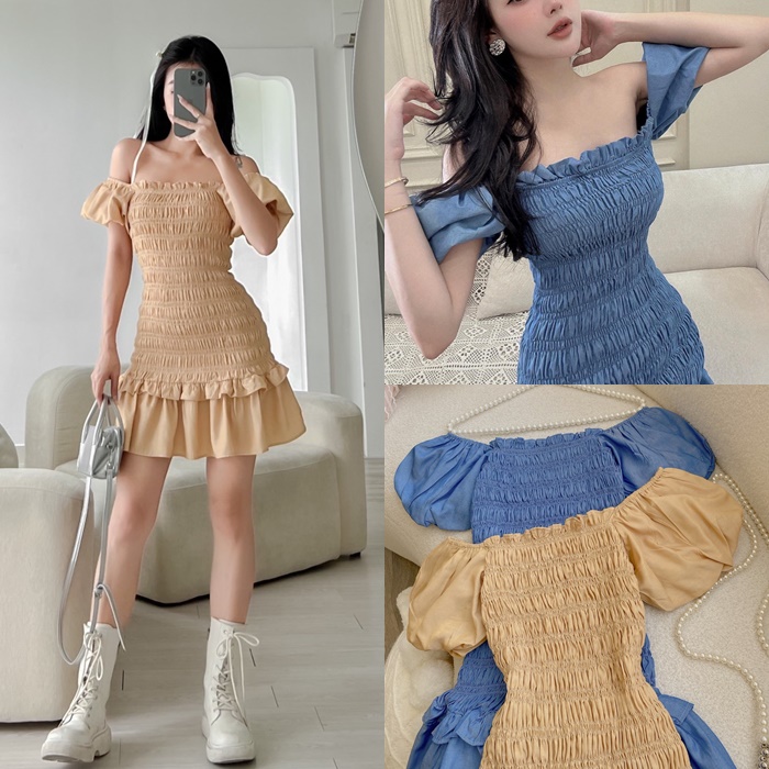 ĐẦM ỐNG NGẮN ÔM BODY TRỄ VAI CỔ U HẠ EO NHÚN THUN VÁY XẾP LY XÒE TRƠN ĐI TIỆC ĐI BIỂN ĐI CHƠI DẠO PHỐ