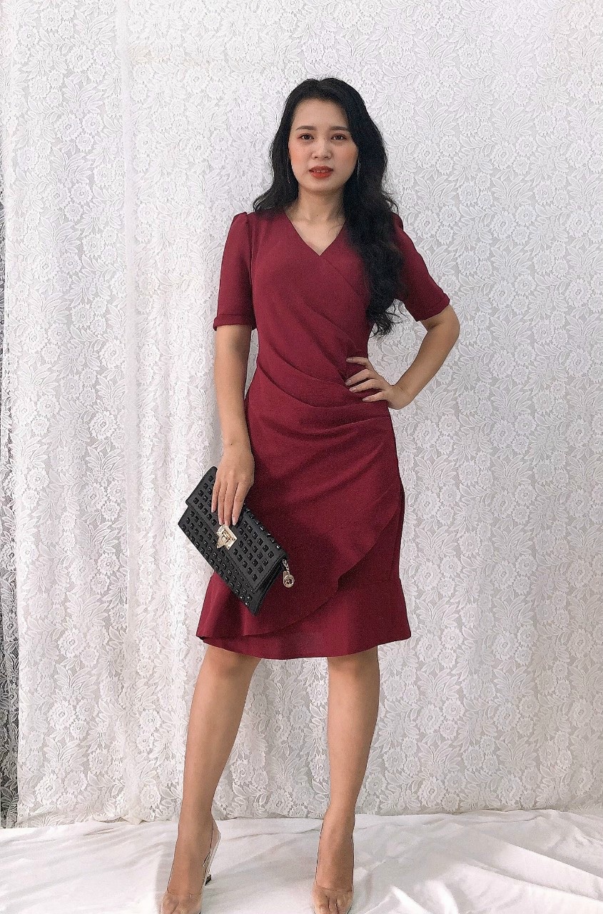 Đầm ôm cổ đắp chéo, xếp ly eo, bèo lai tôn dáng S&amp;M GR195- Hình thật do shop chụp
