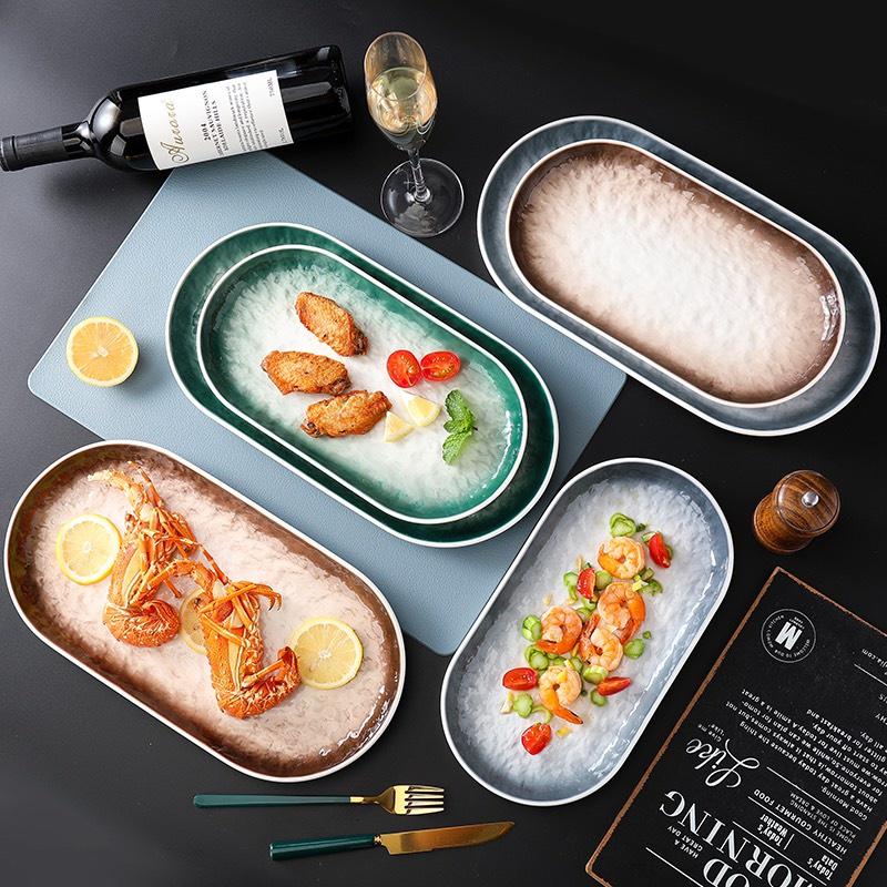 Đĩa sứ đài đựng cá, đĩa oval/bầu dục vân đá chống xước phong cách Bắc Âu - Đĩa Sứ cao cấp không chì