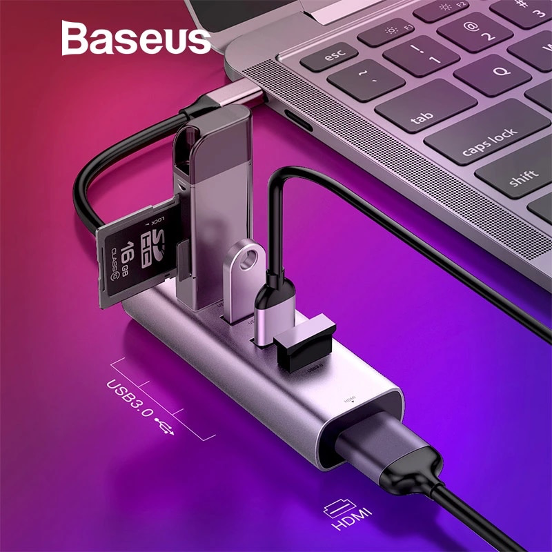 Hub Chuyển Đổi Type C to USB 3.0 và HDMI Enjoy Series cho Smartphone/ Tablet / Laptop Windows/ Mác Búc (Type C to USB 3.0 x4 Ports + HDMI 4K intelligent HUB Adapter ) - Hàng Chính Hãng Baseus