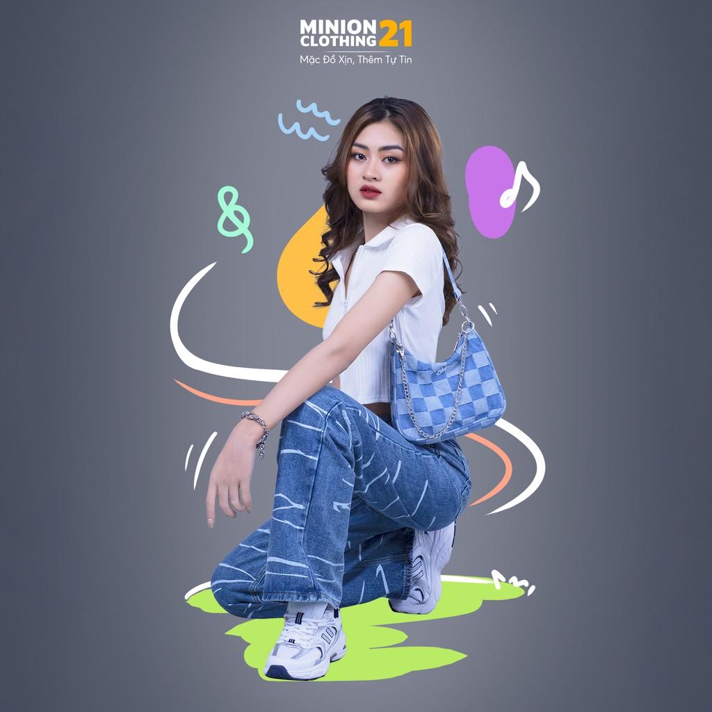 Quần jeans ống rộng sọc ngang ngựa vằn MINION CLOTHING lưng cạp cao bò Unisex nam nữ Ulzzang chất jean dày Q8605