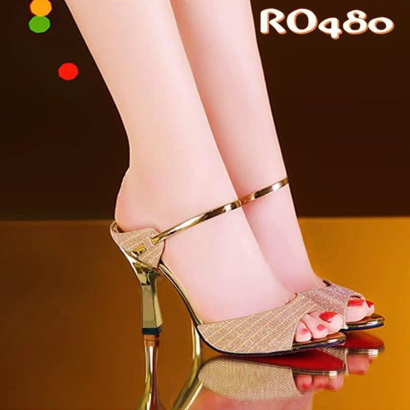 Giày cao gót nữ đẹp hở mũi 7 phân hai màu đen vàng hàng hiệu rosata ro480