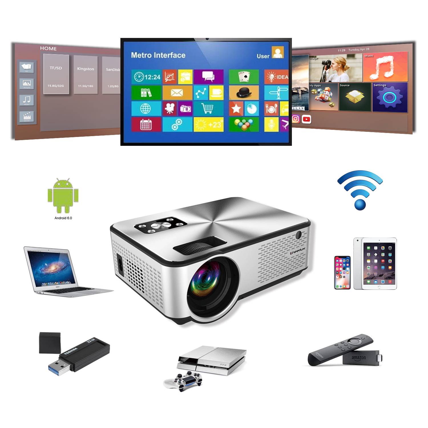 Máy chiếu  Android 6.0 projector Cheerlux C9  kết nối WIFI, Bluetooth, kết nối không dây với điện thoại, điều chỉnh vuông hình keystone 4 chiều, xem nét 100 inch. Hàng chính hãng.