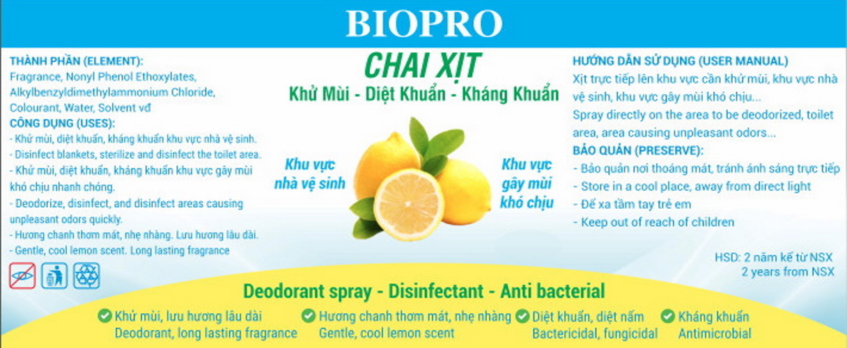 Chai xịt Biopro 300ml khử mùi diệt khuẩn kháng khuẩn Khu vực gây mùi khó chịu Khu vực nhà vệ sinh Hương chanh thơm mát