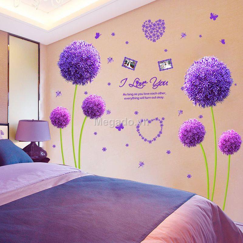 Decal dán tường Đôi tú cầu tím và cặp đôi - HP219